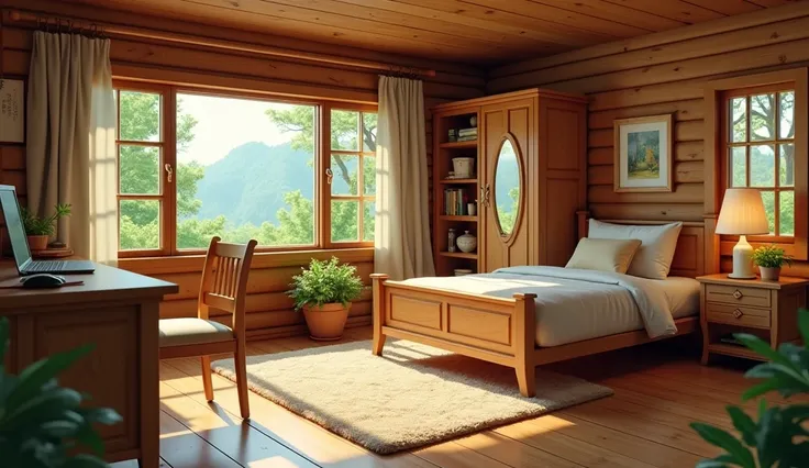 A bedroom that looks like a wooden house and looks green. With a single bed , a desk and a wardrobe that is open and has a mirror on the door