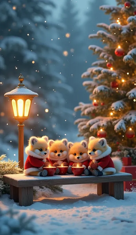 A hyper-realistic, high-quality scene of a magical winter evening. Several baby tanukis dressed in adorable Santa outfits are sitting together on a snow-dusted wooden bench. They are holding small, steaming bowls of soup, sipping warmly as snowflakes gentl...