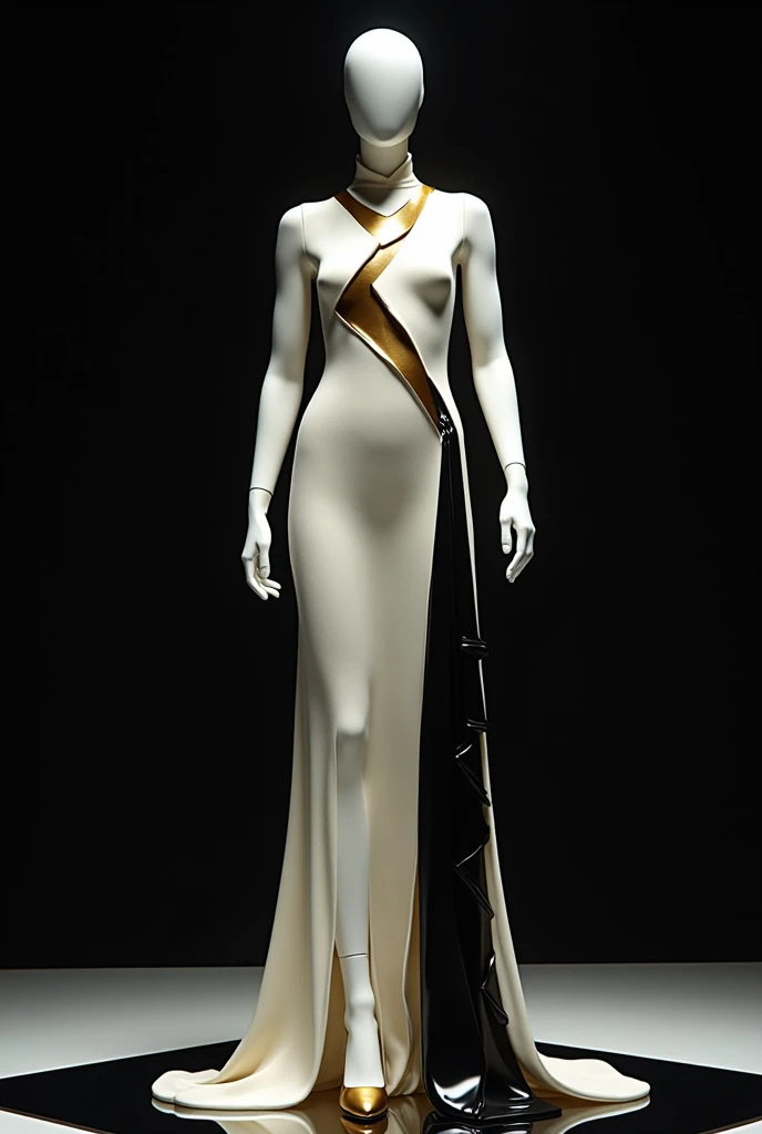  On the black glass floor with black background and white mannequin .   Make a short dress and wait for it to fall with shiny liquid butter .  Long dress in architectural structure ,  made of structured fabric with geometric angles .  The bodice has shapes...