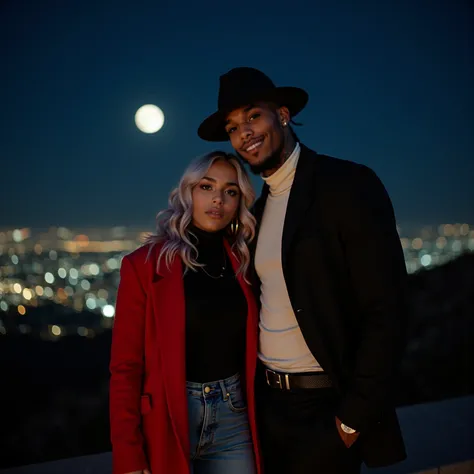 medium shot with a Bolex H16, of a beautiful smiling caucasian female and light brown skin african american male couple. they stand lovingly together at griffith observatory in los angeles overlooking the city skyline beautifully in the background at night...