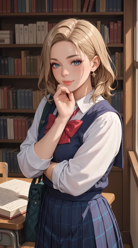 Young woman, sincere and gentle expression, student figure, wearing a neat school uniform, long or medium-length modest hairstyle, gaze with a hint of worry but determination, dormitory setting or scenes with books, helping others or calmly talking gesture...