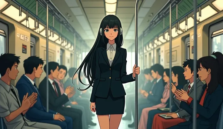 **"A bustling subway train during morning rush hour in the whimsical style of a Studio Ghibli film. A young woman with long, flowing black hair stands gracefully in the center, wearing a neatly tailored black business suit with a short skirt. She has over-...