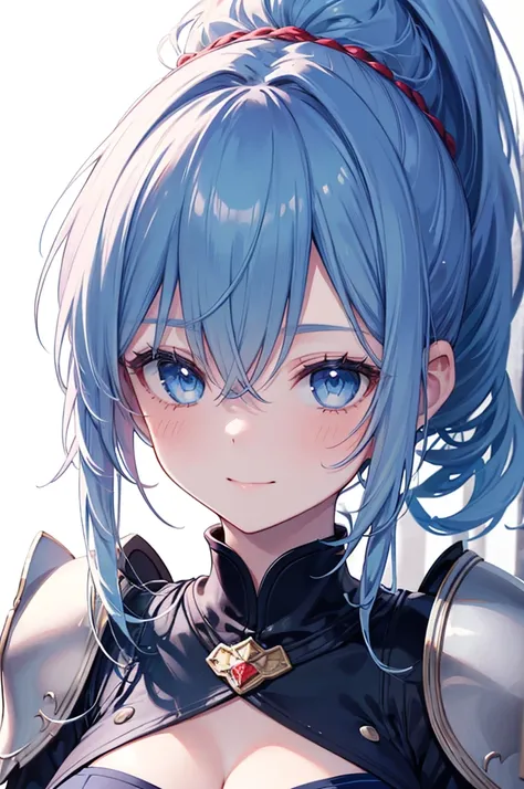 Masterpiece, ((1 girl)), ((Best Quality)), (Ultra-detailed), Highly detailed, (Portrait), ((Big breasts)), ((Ponytail, Long Hair, Blue hair, Blue eyes)), ((17-years-old, Young girl)), ((White Skin)), ((Blue Knight Armor Dress, Medieval)), (detailed face), ...