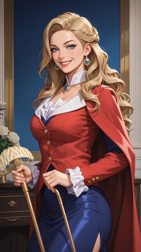 Young female, dressed in luxurious and elegant uniform, background of an elite private academy, aristocratic aura, blonde or dark brown long hair, haughty and confident expression, face showing a cold smile or disdain, elegant yet oppressive posture, holdi...