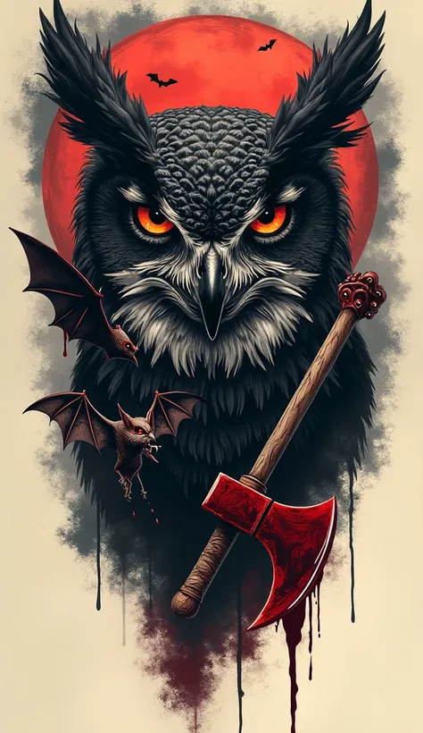  I want to get a tattoo on the shoulder part of my arm,  that have to do with a (Owl) , Gloomy, an axe bathed in blood and a  (Bat) ,  the ( Owl )s teeth and (Bat)) with blood