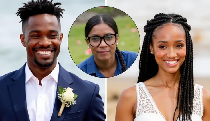 Image is a digital collage featuring three individuals. On the left, a man with medium brown skin, short curly hair, and a well-groomed beard is wearing a navy blue suit with a white shirt and a floral boutonniere. He is smiling broadly. On the right, a wo...