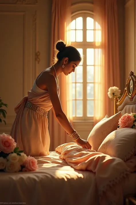 The camera focuses on a simple yet elegant room, lit by soft, golden sunlight. The camera zooms in on the Dasi, a young woman wearing simple clothes, as she carefully arranges a beautiful, regal bed for the Maharani. The bed is adorned with fine silk sheet...