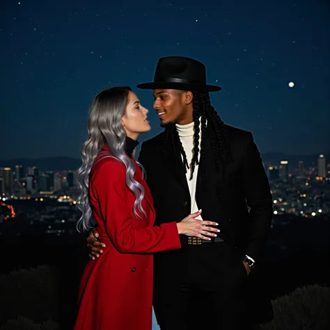 medium shot with a Bolex H16, of a beautiful smiling caucasian female and light brown skin african american male couple. they stand lovingly together about to kiss each other at griffith observatory in los angeles overlooking the city skyline beautifully i...