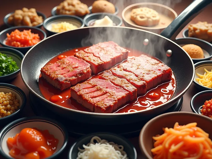 Grilled beef in a pan, there is pork belly on the pan, around the pan there are Korean side dishes, kimchi, sesame leaves, Pajeon, Tokpokki anime 3D