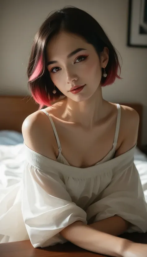 ( top quality ,  table top in bed:1.2,  super high res,  realistic :1.5),  RAW photo,  Japaneseの一人の女の子,  teenager、 Japanese、 very small breasts、 off shoulder,  in the dark ,  deep shadow , Low lighting,  cool tone ,   seductive gaze  ,  short hair, foggy a...