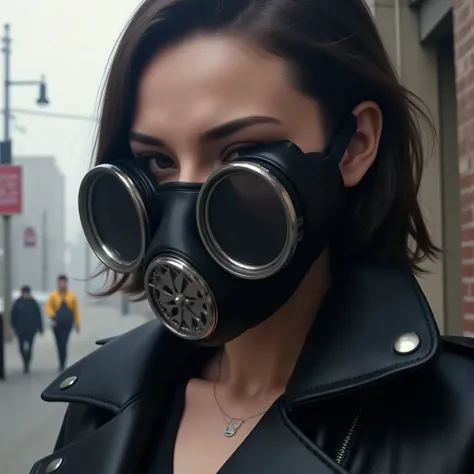 A hyper-realistic image of a woman wearing a black gas mask with large, round filters