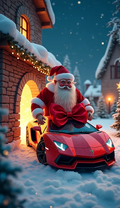 A festive and magical Christmas scene featuring a mythical character, Senta-Clos, a blend of Santa Claus and a mystical being, trying to push a sleek Lamborghini car into a large chimney as a special Christmas gift. Senta-Clos has a whimsical appearance, wearing a glowing red and white outfit with golden accents, blending fantasy and holiday cheer. The Lamborghini is wrapped in a giant shiny red bow, sparkling under the soft glow of Christmas lights. The background features a snow-covered village with decorated Christmas trees, twinkling stars in the night sky, and a cozy, cheerful atmosphere filled with holiday magic. Use vibrant colors, soft lighting, and a mix of realism and fantasy to create a joyful and enchanting scene.