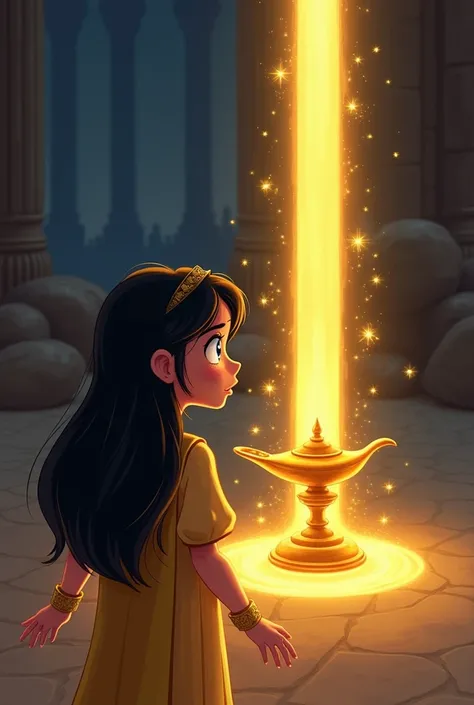 Image Prompt 8: The discovery of the magic lamp 
" Ayesha is approaching a shining golden pillar, on which a magic lamp is placed. With blue eyes and long black hair, she looks at the light of the lamp in amazement." cartoon character 