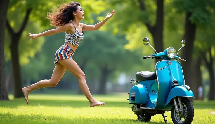 A young Thai woman, mid-twenties, is leaping in a playful pose in a park-like setting.  She is barefoot and wearing a striped tank top and a short, multicolored skirt. Her dark hair is flowing, and she has a joyful expression.  Her body is in a dynamic, up...