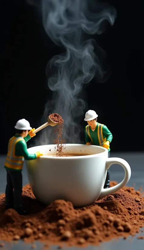 Image is a creative and whimsical photograph featuring a miniature scene. It depicts three small figurines of construction workers, each wearing white helmets and green jackets, engaged in a playful excavation around a white ceramic coffee cup filled with ...