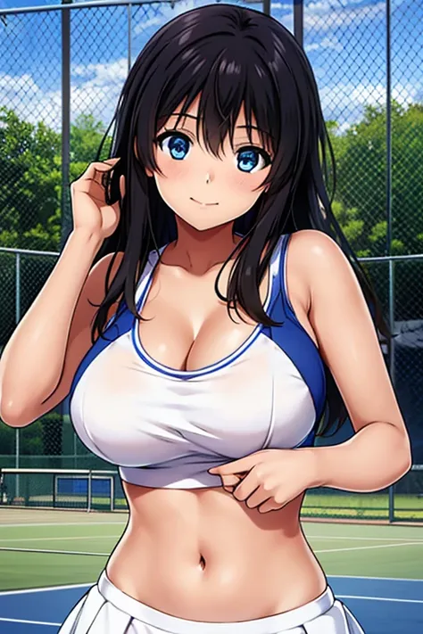 anime,  upper body,  cute,  Chest shape is clear ,  super high definition , 8k,  black hair, Kaori Kitamura,  high school girl,  cleavage, Underboob, Sideboob,  chest exposure,  beautiful blue eyes, smile,  tank top,  tennis court in white,  between, I can...