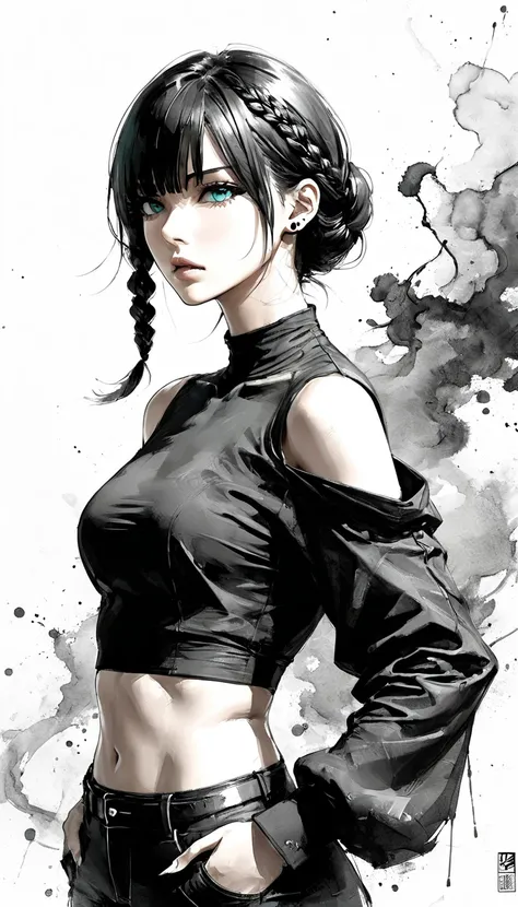 Neo-noir futuristic art style, Ink and Wash Digital Art style, waist-up, proportional body, semi-realistic anime-style of a woman facing side. woman with short, sleek black hair with single braid on her back, long bangs that grazes just below her jawline. ...