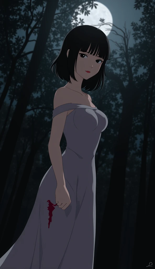 1girl, solo, black hair, looking at viewer, short hair, bangs, closed mouth, dress, black eyes, dutch angle, red lips, fair skin, big breasts, dark forest, dappled moonlight, upper body, blood, lowered head