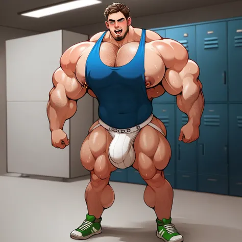 best quality, masterpiece, extremely detailed, muscular bodybuilder man standing in line with other muscular bodybuilder men, rugged windswept hair, sweaty, glistening skin, wearing a crystal, sexy jockstrap, wearing a wrestling singlet, exposed torso, in ...