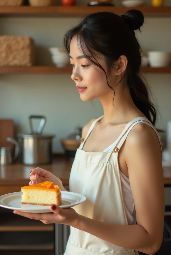  an Asian woman, she wore light makeup , Emphasizing a bright and natural look .  wearing a single apron, no shirt, short pants, in a bakery, holding a plate with 1 piece of orange cake. Side view 