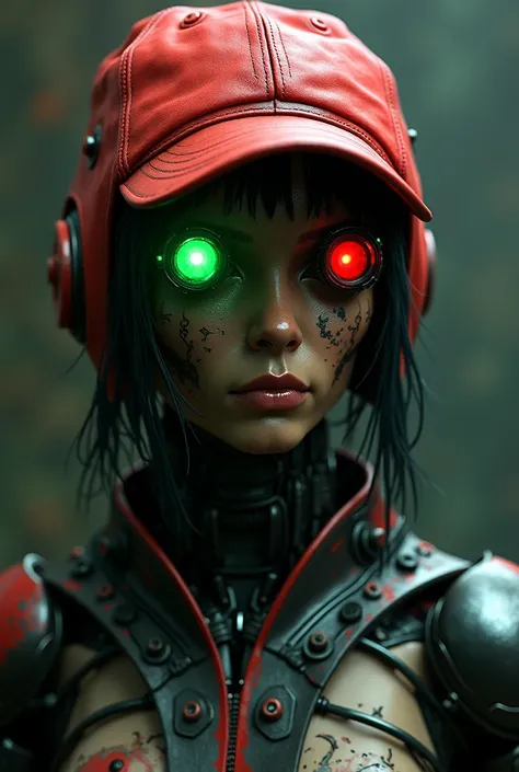 Cyborg red hat with green and red cybernetic eyes  