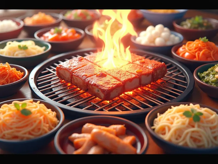 
Pork grill, there is pork belly on the pan, around the pan there are Korean side dishes, kimchi, sesame leaves, Pajeon, Tokpokki anime 3D