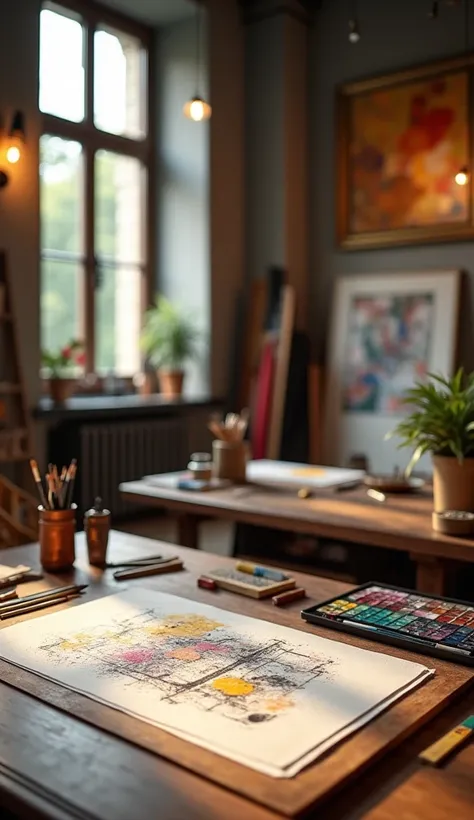 Create a hyper-realistic scene that embodies luxury and creativity. Depict a real-life artists or designers studio in use, with tools of creativity prominently displayed – such as vibrant paintbrushes, a partially finished painting, or intricate sketches o...