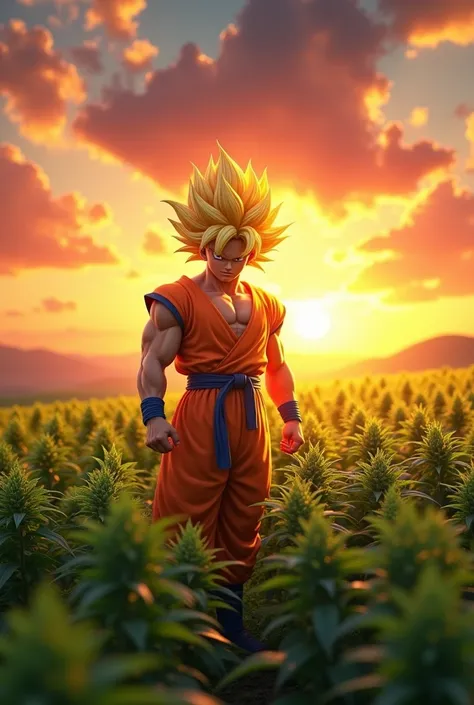 Dragon Ball z Sangoku as Super Sayen gardening in a huge field of Indian hemp with a resplendent sunset 