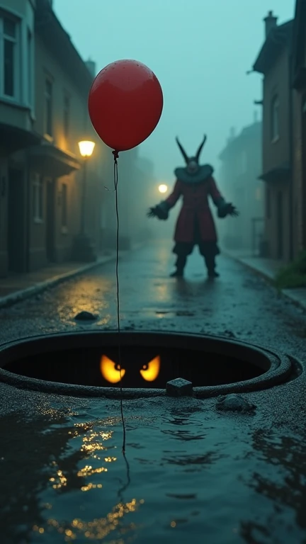 A small, gloomy town shrouded in fog during a rainy night. In the center of the scene, an open manhole with running water reflecting dim lights from old streetlights. From inside the manhole, menacing yellow eyes glow in the darkness. A red balloon floats ...