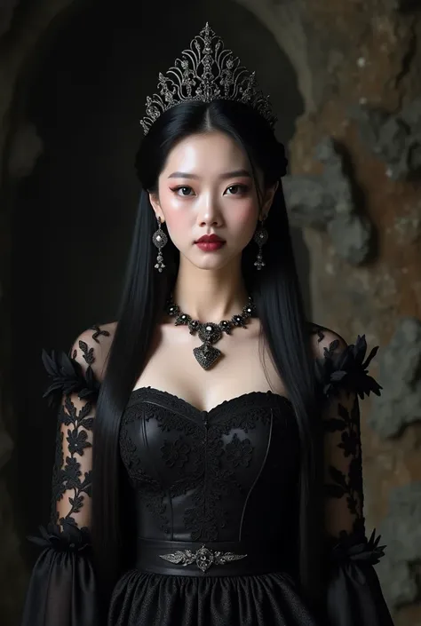 A beautiful Korean princess with long, neat black hair. She is twenty years old with a Korean face. She wears a luxurious royal gown with a black pattern, black eyeshadow, maroon lipstick, and has black eyes. Her appearance is quiet, indifferent, stern wit...