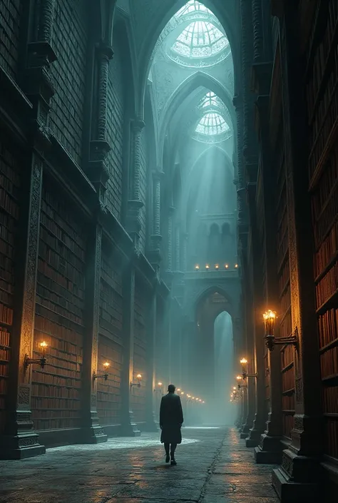 there is a picture of a book store with a man walking through it, gothic epic library concept, gothic epic library, gothic library, library of ruina concept art, ancient library, books cave, magic library, an eternal library, gloomy library, dusty library,...