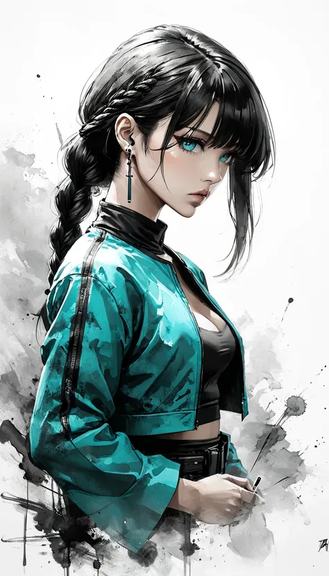 Neo-noir futuristic art style, Ink and Wash Digital Art style, waist-up, proportional body, semi-realistic anime-style of a woman facing side. strong woman with sleek black hair with single braid on her back, long bangs that grazes just below her jawline. ...