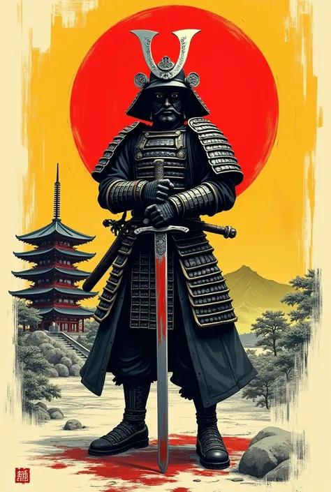 "A stylized artwork featuring a samurai in traditional armor holding a sword. In the background, there is a sketch-like depiction of a Japanese temple with a large red sun. The image is created in a combination of black, white, and red, with a bright yello...