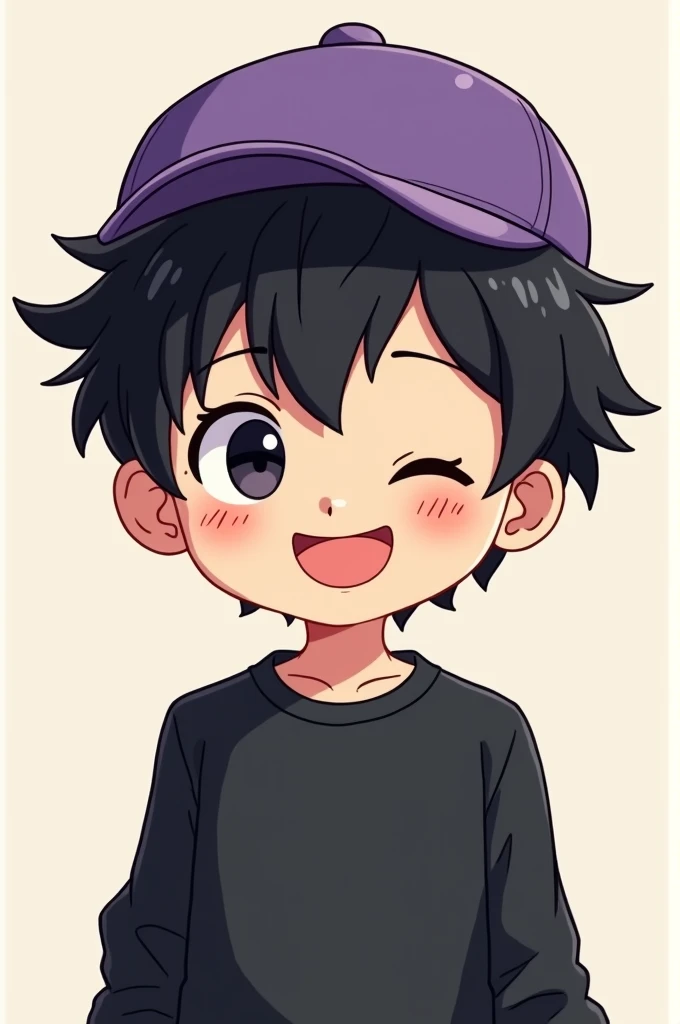 A solo boy , with messy black hair ,Black sweatshirt, and a purple Juliette ,smiling, cartoon anime-style image.