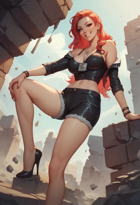  Image is a portrait-style photograph featuring a young Asian woman with long unfurled red hair and white skin,  smiling while standing carrying a stylized pistol weapon .  She is wearing a black tight leather shirt ,  equipped with black shorts , as well ...