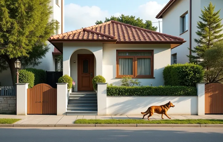  Side aerial view of  ( Single storey house , low wall , wooden gate, Side garden ;  front porch + arched opening ;  entrance through side access;  5-step staircase ),  building in the background  : landscape sunny late afternoon  ; quiet street in the sub...