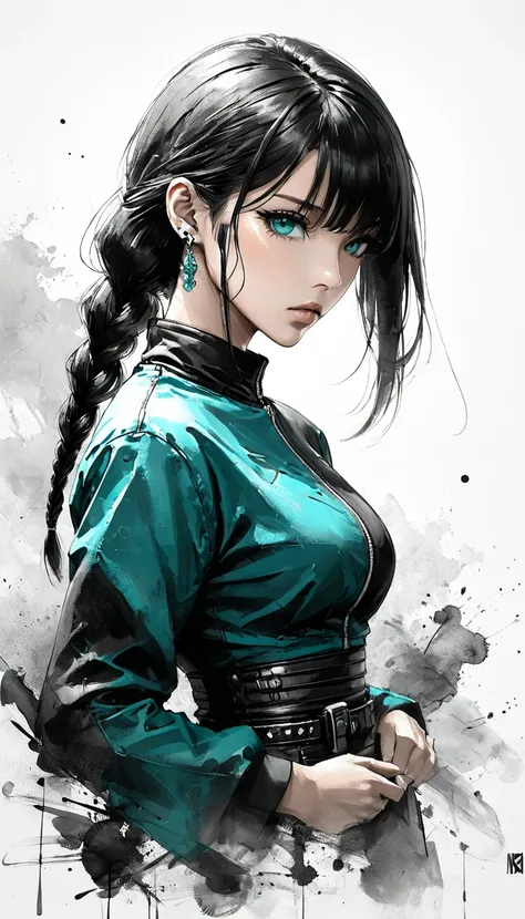 Neo-noir futuristic art style, Ink and Wash Digital Art style, waist-up, proportional body, semi-realistic anime-style of a woman facing side. strong woman with sleek black hair with single braid on her back, long bangs that grazes just below her jawlines....