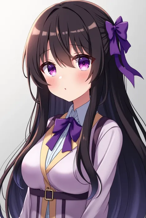 A woman with very long black hair and purple eyes wearing a purple ribbon clipped on the back of her hair carrying a  with long brown hair and purple eyes, Accurate, Award Winning, Anatomically Correct, Detail, High Details, Anime, 