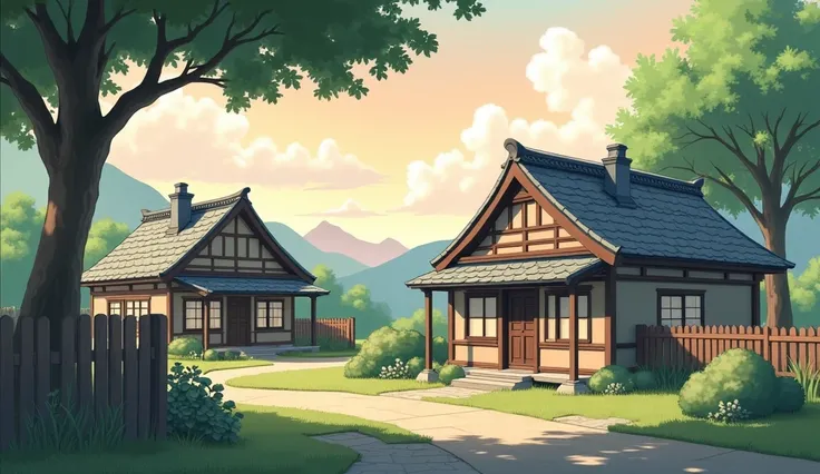 the view,  anime style , Of two wooden houses that are in a small town