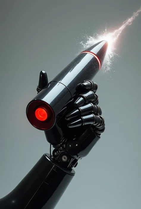 A futuristic robotic hand firmly gripping a large missile-shaped object. The robotic hand features a sleek metallic design in black, with intricate mechanical details visible around the joints and wrist. The surface of the fingers and hand is smooth, accen...