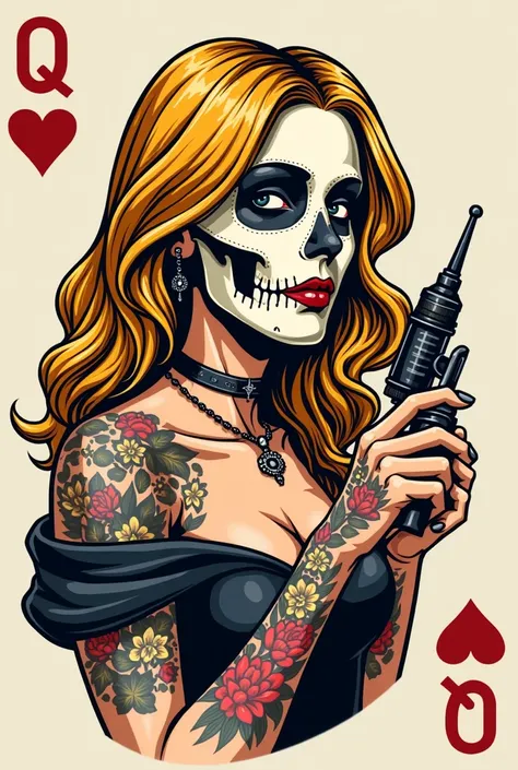  Draw a simple playing card with a queen, blond,  medium length hair , Krone,  the face is divided in half , The other half is her face as a skull, few details , Vector, without background, She has tattoos ,  in one hand she holds a tattoo machine 