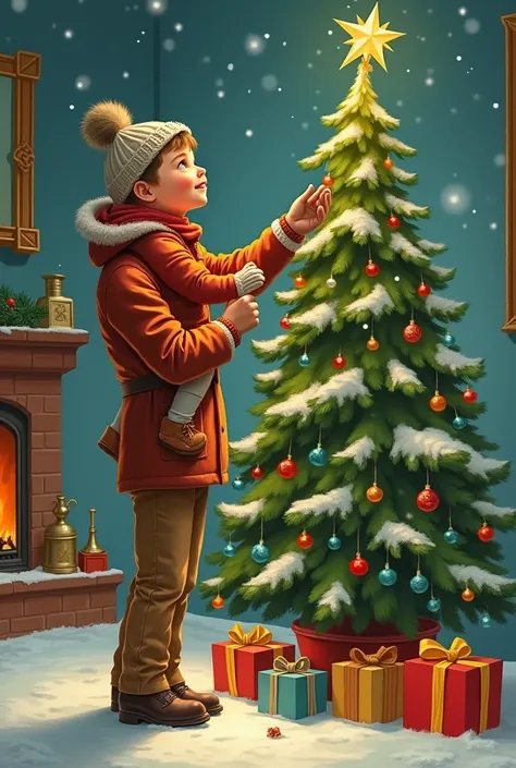  1940s color illustration 。。A toddler who is picked up by his father (( adorns the top of the Christmas tree with stars)))