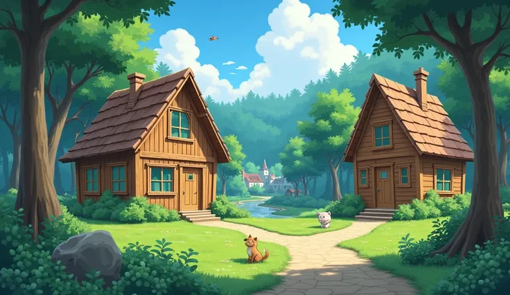 the view,  anime style , of two wooden houses that are in a small town in the woods