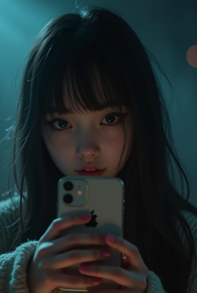 girl, black hair, bangs on forehead, taking a selfie,iphone, in the mirror , dark ambient, face close up, humanized, teen girl, e girl makeup, blurred, took from a phone, realistic