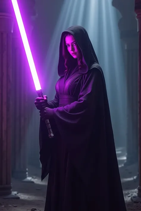 1girl, Generate a photo of a Jedi with a purple plasma sword , , a dark cape and a dark hood in which his face is not visible due to the dark, boobs with a height of 2 and 10 centimeters and a thickness of 13 centimeters body,  