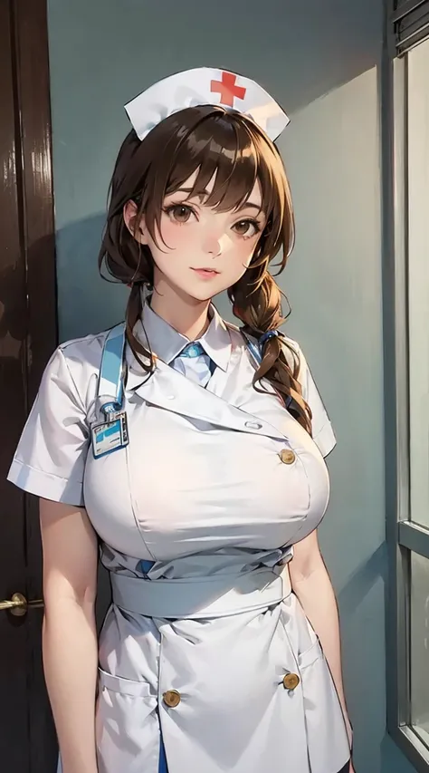 big breast, anime style, katagiri sanae, brown hair, brown eyes, low twintails, shiny body, (((Masterpiece))), (((Top Quality))), (best quality, Super Detail, Detailed Lighting)illustration,
nurse, White nurse uniform, hospital room,