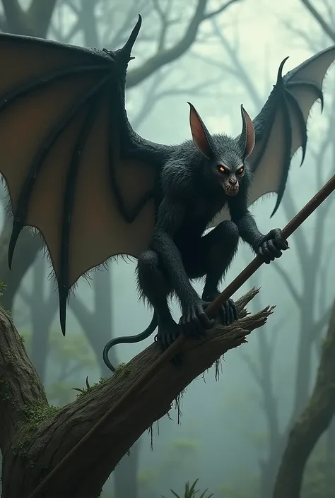  Thin bat-human creature with fur on the body, big black wings , crouches on top of a branch ,  has a long spear in its claw and looks down.