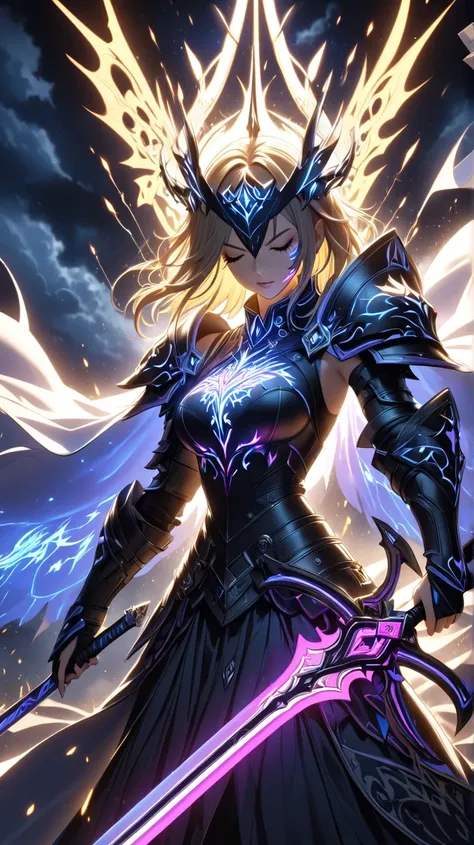  An adult woman with a glowing crest engraved all over her body,  Accurate and Ultra-Fine Glowing Crest ,  The Holy Knight of Darkness ,  Holding a Sharp Sword that emits Light ,  Silence that comes as soon as you close your eyes , The calm before the stor...