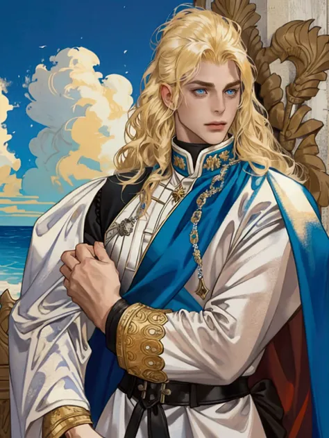  blond hair with wavy tips, Walleye,  Grand Duke of the South , 50s,   vibrant eyes  ,  fox-like eyes , armor,  blue cape ,  warm ocean southern , white clothes, masculine face,  face after much trouble 