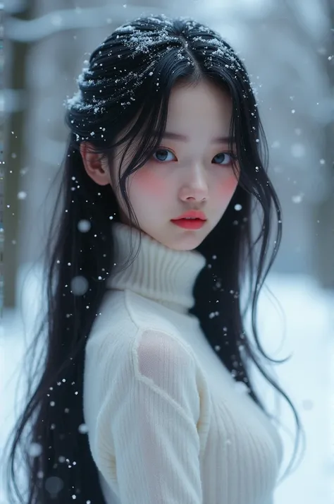   Smooth  , Shiny black hair.,Age 15 , In a park where snow falls and piles up、 Her hair is up to her shoulders  ,   In contrast to her very pale skin  .   your eyes are deep blue  ,  plump, Shiny pink lips 、A little smile、  she has a clear face ,    she i...